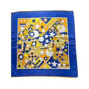 Brunell Vintage Japan-Made Scarf 25.5" Square Abstract Geometric Design Blue & O